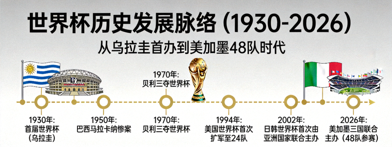 世界杯历史发展图：从1930年首届到2026年美加墨三国联合主办